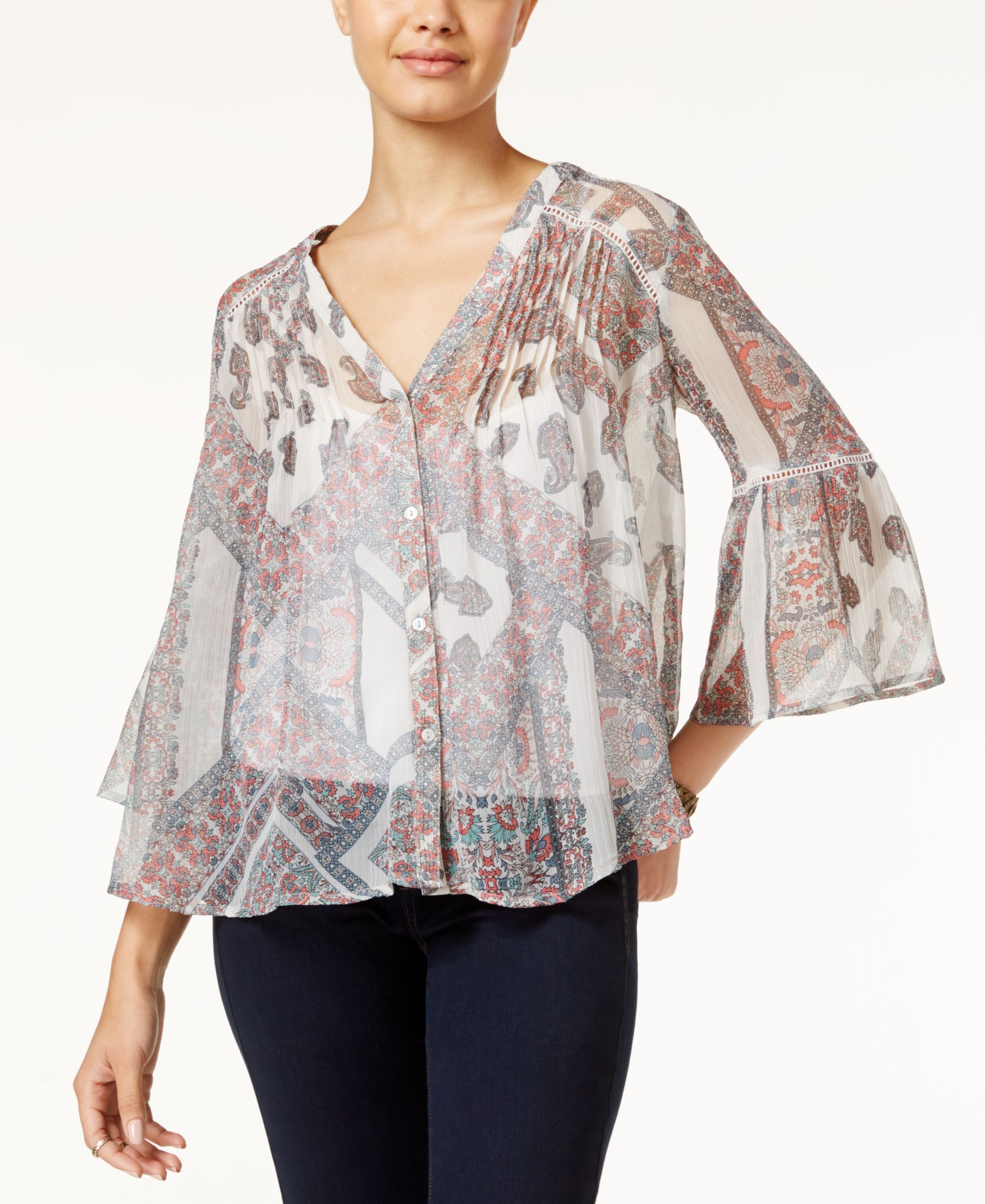 Jessica Simpson Skip Printed Crochet Trim Peasant Top Light Pastel Red L